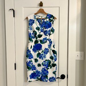 Calvin Klein White and Blue Floral Print Sheath Dress Size 8